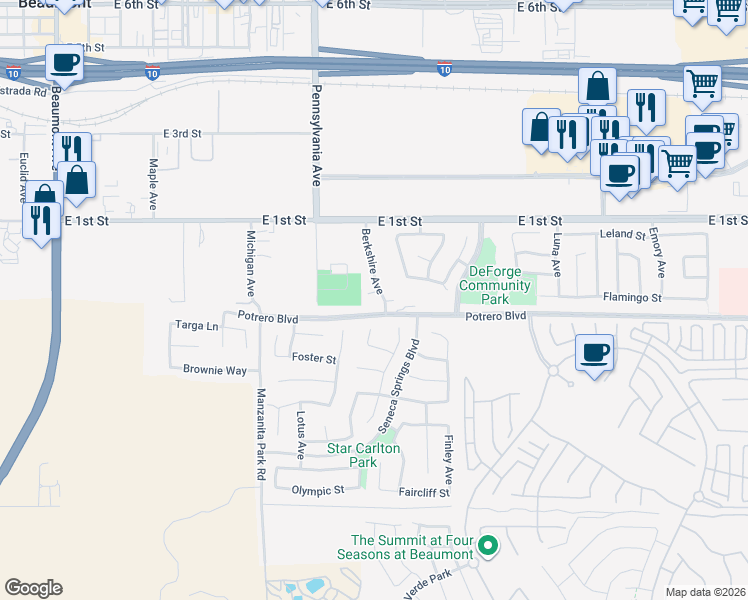 map of restaurants, bars, coffee shops, grocery stores, and more near 1345 Gordon Court in Beaumont