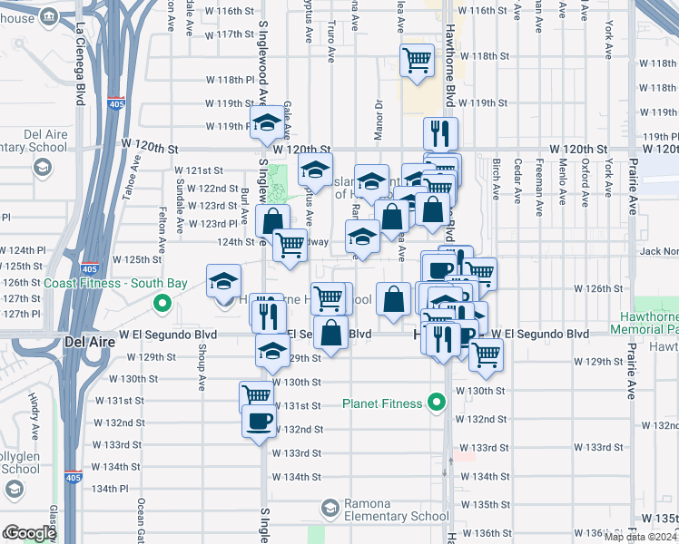 map of restaurants, bars, coffee shops, grocery stores, and more near 12510 Truro Avenue in Hawthorne