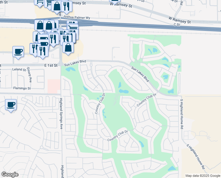 map of restaurants, bars, coffee shops, grocery stores, and more near 781 Torrey Pines Road in Banning