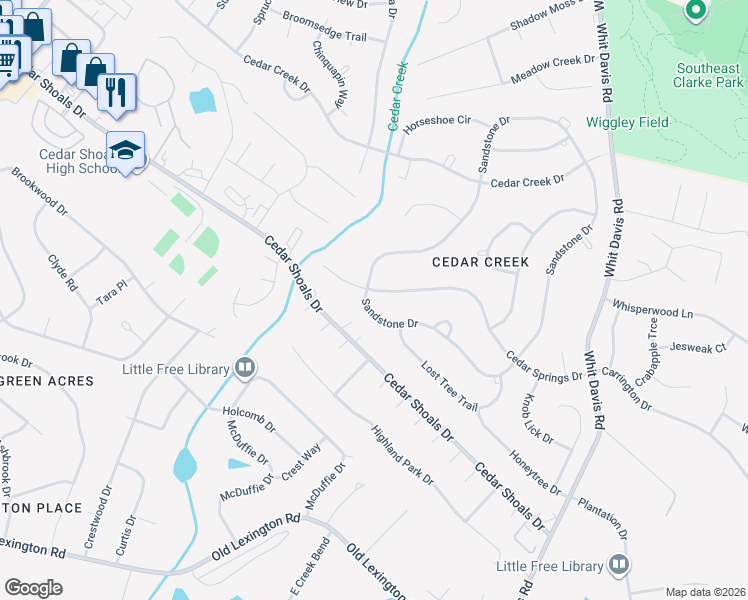 map of restaurants, bars, coffee shops, grocery stores, and more near 690 Sandstone Drive in Athens