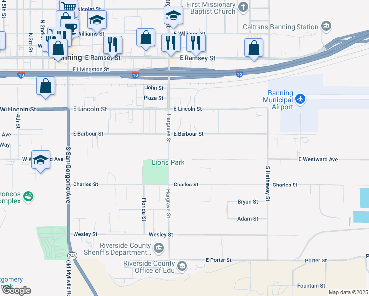 map of restaurants, bars, coffee shops, grocery stores, and more near in Banning