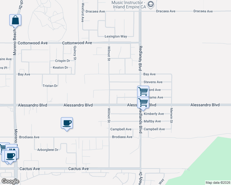 map of restaurants, bars, coffee shops, grocery stores, and more near 13865 Sterling Street in Moreno Valley
