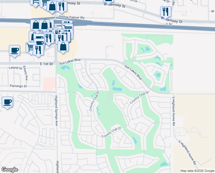 map of restaurants, bars, coffee shops, grocery stores, and more near 738 Torrey Pines Road in Banning