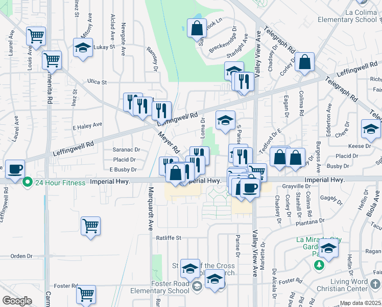 map of restaurants, bars, coffee shops, grocery stores, and more near 13920 Placid Drive in Whittier