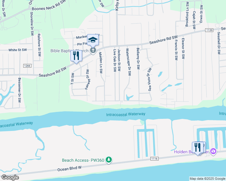 map of restaurants, bars, coffee shops, grocery stores, and more near 2675 Live Oak Drive Southwest in Brunswick County
