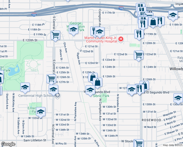 map of restaurants, bars, coffee shops, grocery stores, and more near 1512 East 125th Street in Compton