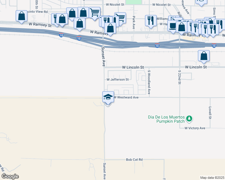 map of restaurants, bars, coffee shops, grocery stores, and more near 709 Stormie Way in Banning