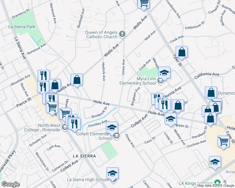 map of restaurants, bars, coffee shops, grocery stores, and more near 4532 Jones Avenue in Riverside