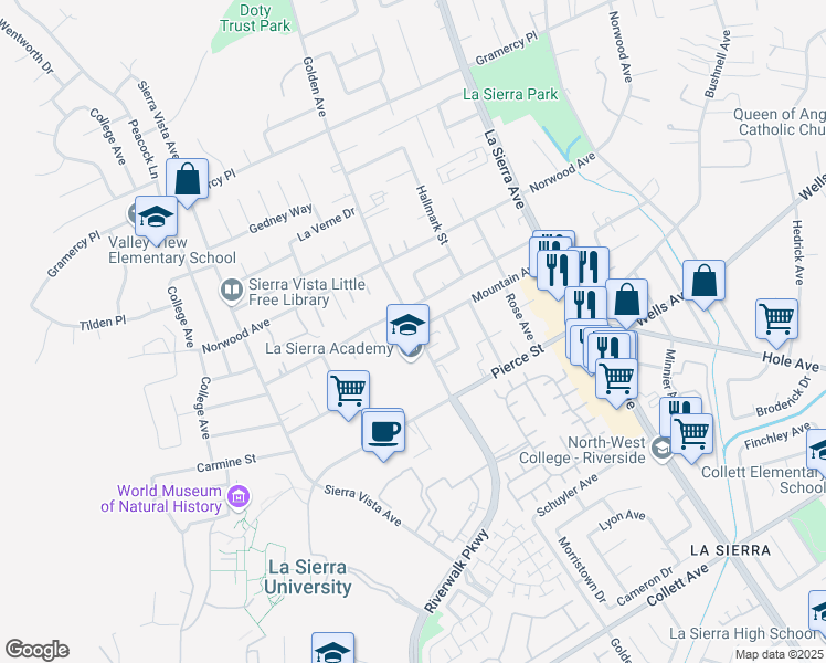 map of restaurants, bars, coffee shops, grocery stores, and more near 5004 Golden Avenue in Riverside