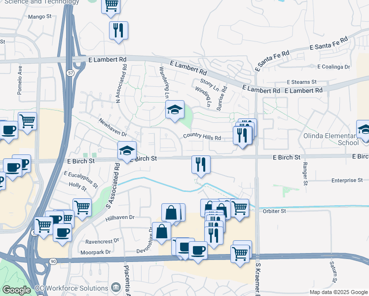 map of restaurants, bars, coffee shops, grocery stores, and more near 2301 Raintree Drive in Brea
