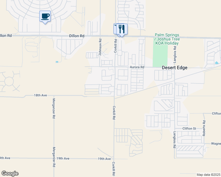 map of restaurants, bars, coffee shops, grocery stores, and more near 17989 Corkill Road in Desert Hot Springs
