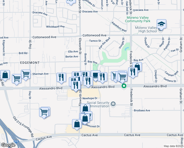 map of restaurants, bars, coffee shops, grocery stores, and more near 13833 McDonnell Street in Moreno Valley