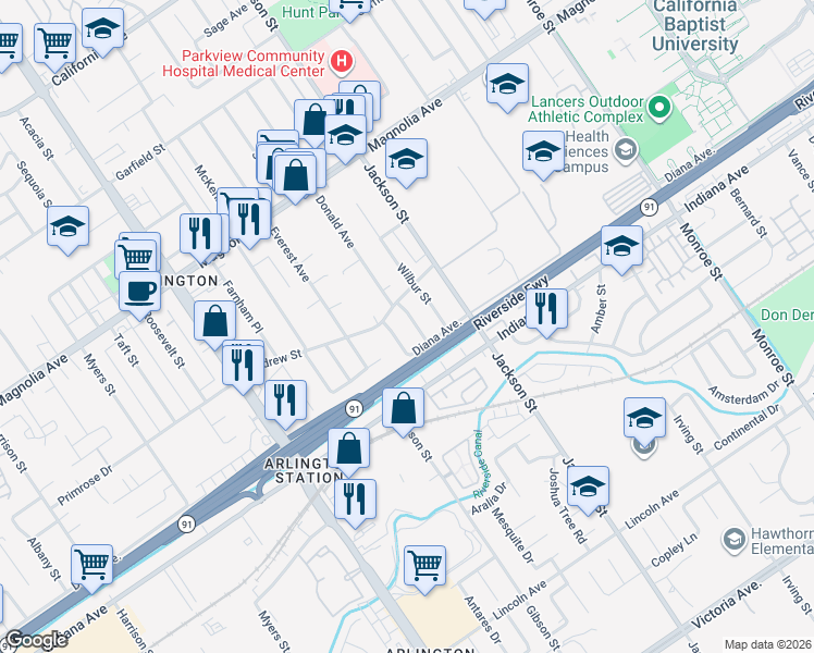 map of restaurants, bars, coffee shops, grocery stores, and more near 3604 Donald Avenue in Riverside