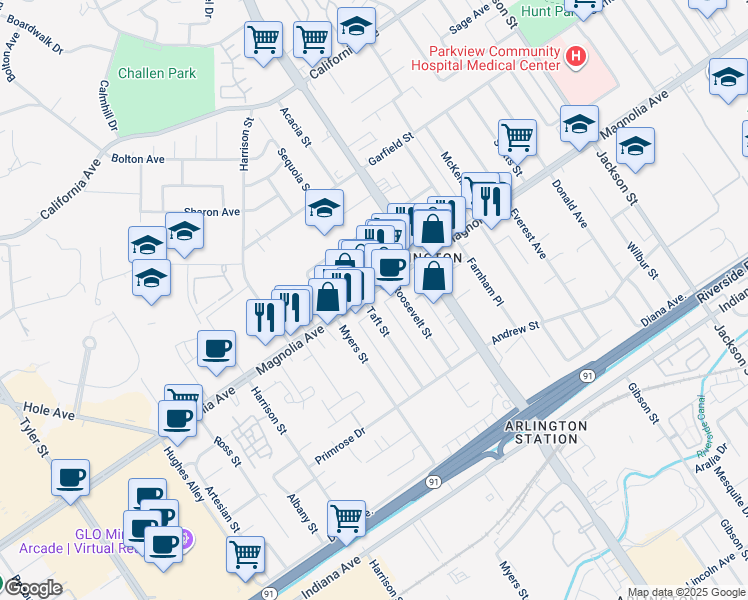 map of restaurants, bars, coffee shops, grocery stores, and more near 9595 Magnolia Avenue in Riverside