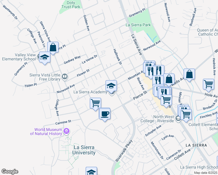 map of restaurants, bars, coffee shops, grocery stores, and more near 11335 Doverwood Drive in Riverside