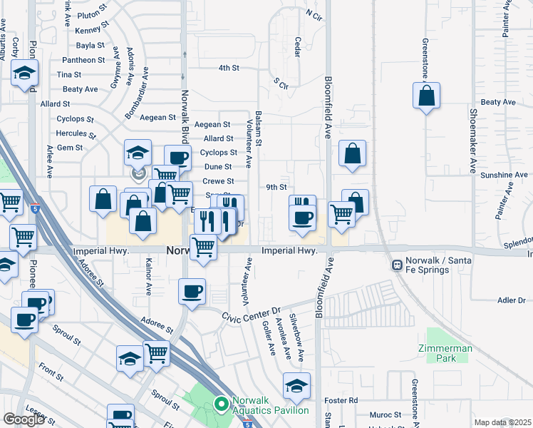 map of restaurants, bars, coffee shops, grocery stores, and more near 12312 Volunteer Avenue in Norwalk