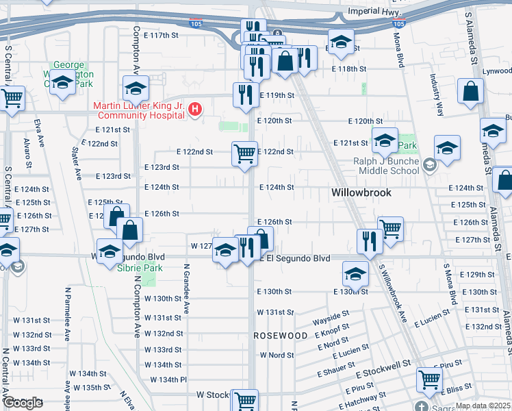 map of restaurants, bars, coffee shops, grocery stores, and more near 12414 Wilmington Avenue in Compton