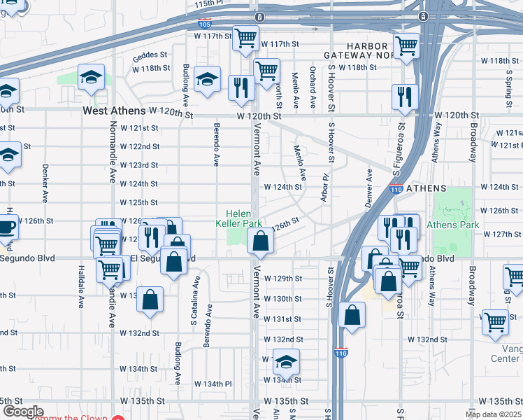 map of restaurants, bars, coffee shops, grocery stores, and more near 12420 Vermont Avenue in Los Angeles