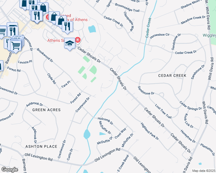 map of restaurants, bars, coffee shops, grocery stores, and more near 135 Christy Court in Athens