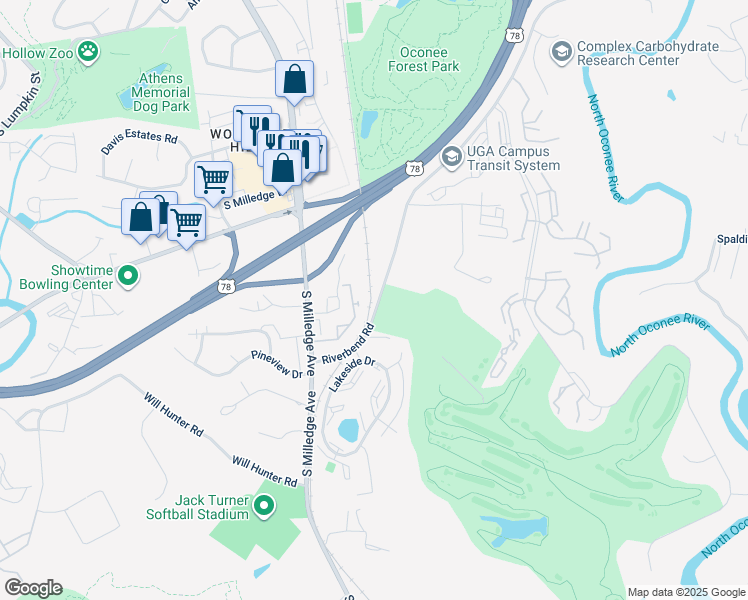 map of restaurants, bars, coffee shops, grocery stores, and more near 2501 Riverbend Road in Athens