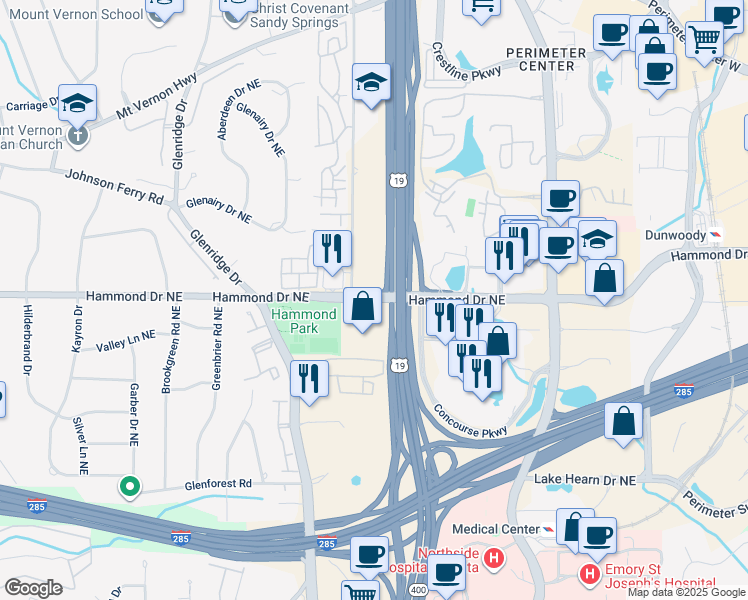 map of restaurants, bars, coffee shops, grocery stores, and more near 5995 Barfield Road in Sandy Springs