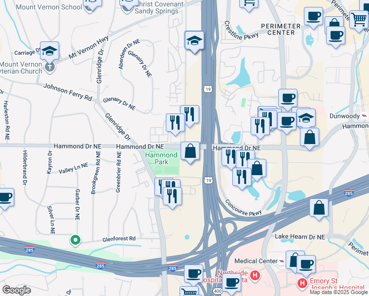 map of restaurants, bars, coffee shops, grocery stores, and more near 5995 Hammond Drive in Sandy Springs