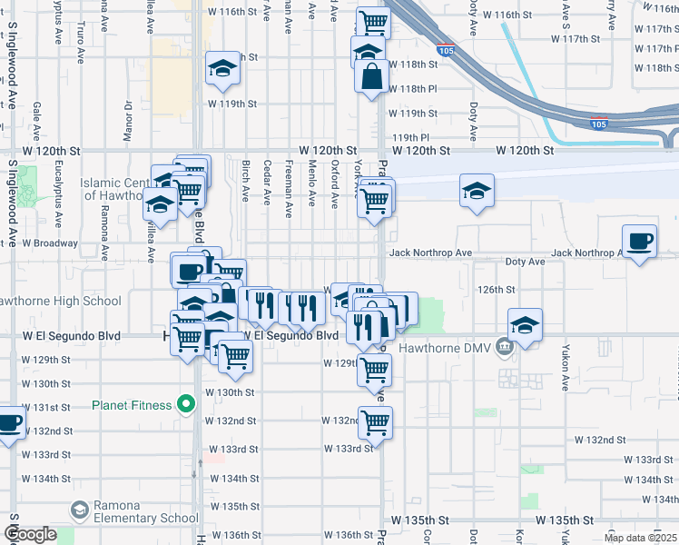 map of restaurants, bars, coffee shops, grocery stores, and more near 12512 Oxford Avenue in Hawthorne