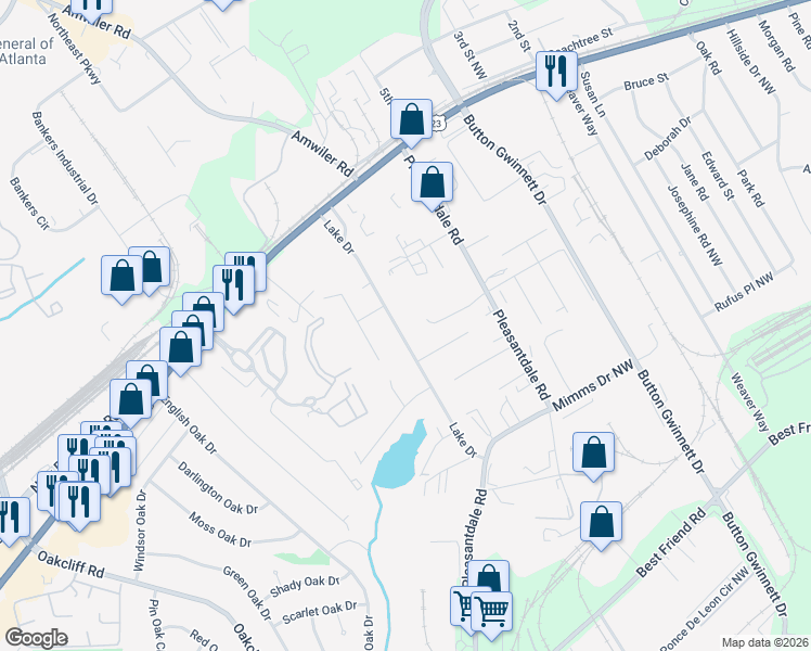 map of restaurants, bars, coffee shops, grocery stores, and more near 2558 Pleasantdale Road in Atlanta