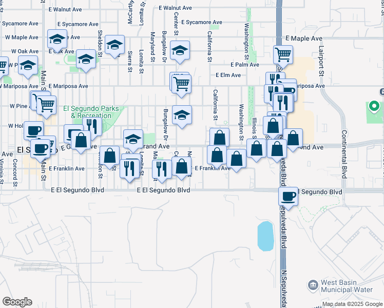 map of restaurants, bars, coffee shops, grocery stores, and more near 1111 East Grand Avenue in El Segundo
