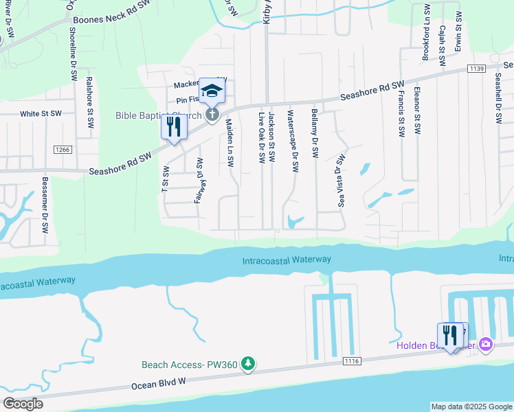 map of restaurants, bars, coffee shops, grocery stores, and more near 2675 Live Oak Drive Southwest in Brunswick County