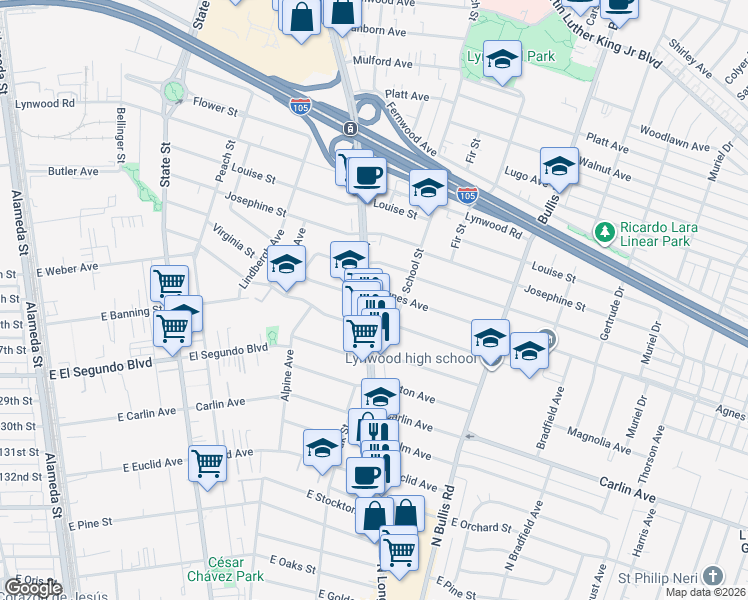 map of restaurants, bars, coffee shops, grocery stores, and more near 12008 Long Beach Boulevard in Lynwood