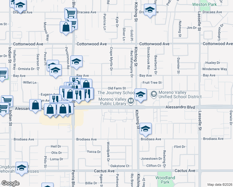 map of restaurants, bars, coffee shops, grocery stores, and more near 13891 Moreno Rose Place in Moreno Valley
