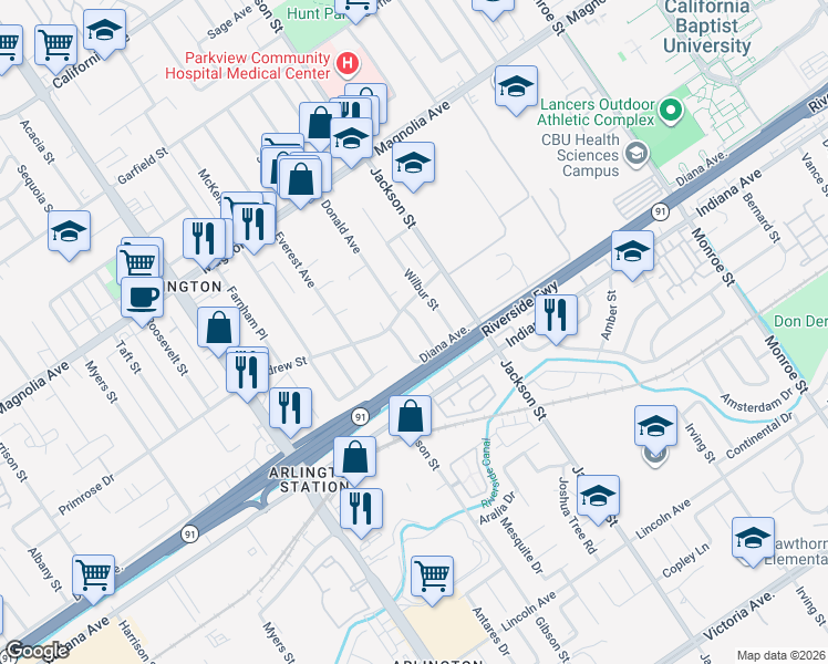 map of restaurants, bars, coffee shops, grocery stores, and more near 3604 Donald Avenue in Riverside