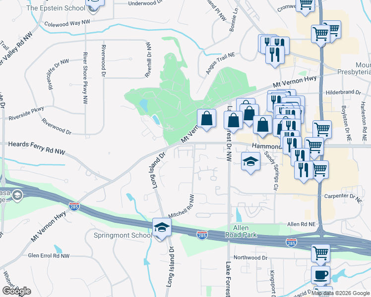 map of restaurants, bars, coffee shops, grocery stores, and more near 5996 Mitchell Road Northwest in Atlanta