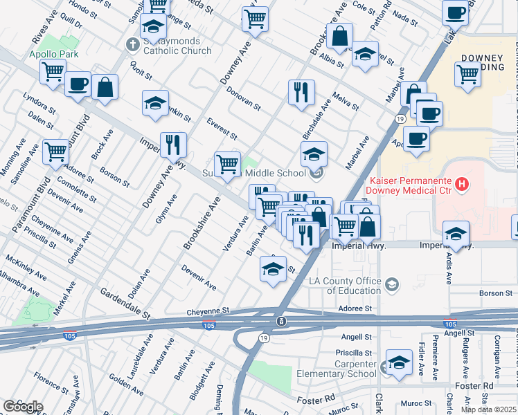 map of restaurants, bars, coffee shops, grocery stores, and more near 8607 1/2 Imperial Highway in Downey