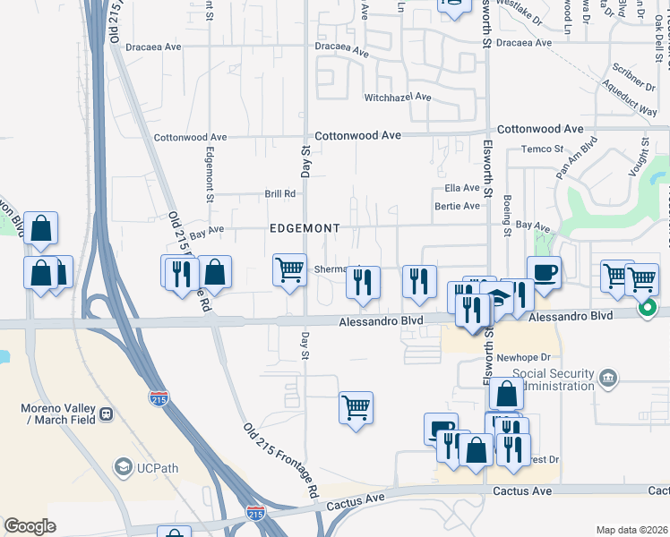 map of restaurants, bars, coffee shops, grocery stores, and more near 22094 Sherman Avenue in Moreno Valley