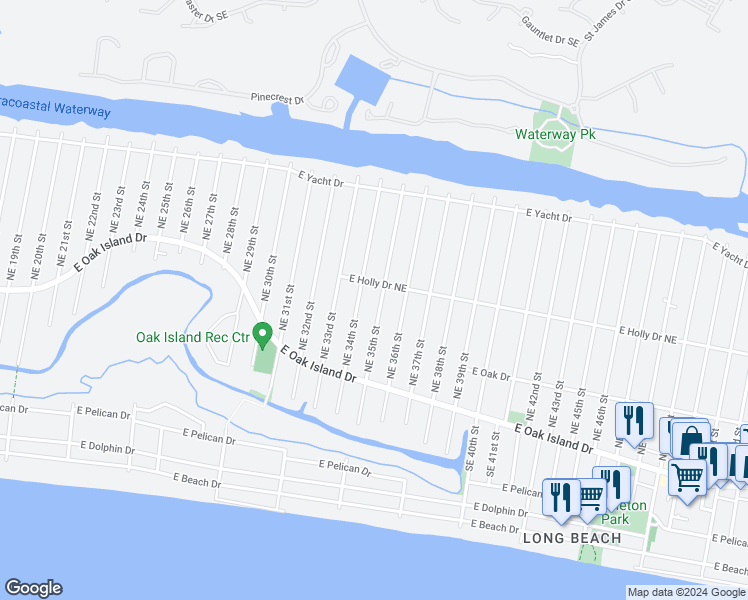 map of restaurants, bars, coffee shops, grocery stores, and more near 131 Northeast 35th Street in Oak Island