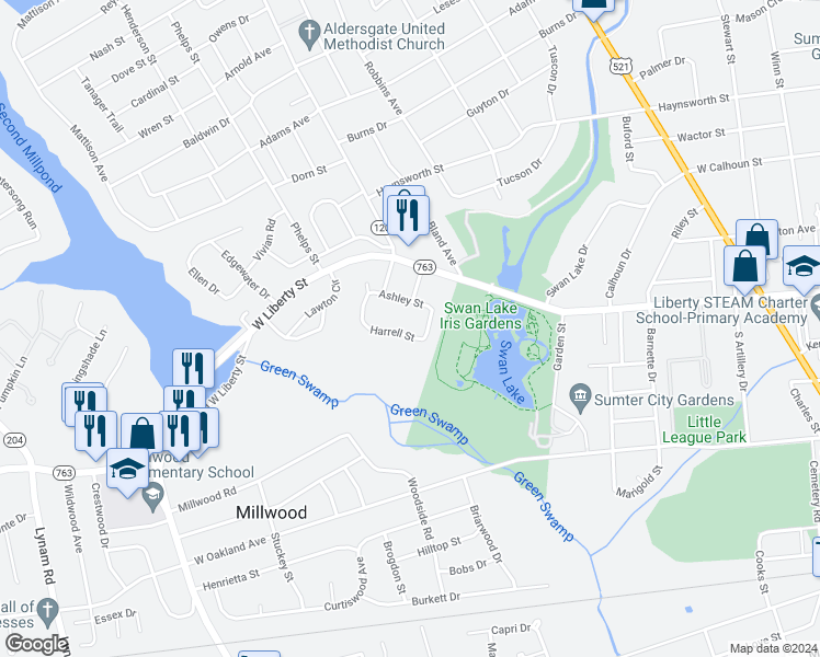 map of restaurants, bars, coffee shops, grocery stores, and more near 55 Harrell Street in Sumter