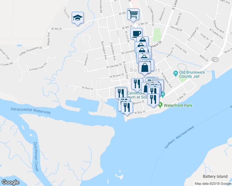 map of restaurants, bars, coffee shops, grocery stores, and more near 415 West West Street in Southport