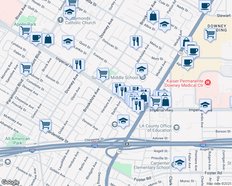 map of restaurants, bars, coffee shops, grocery stores, and more near in Downey