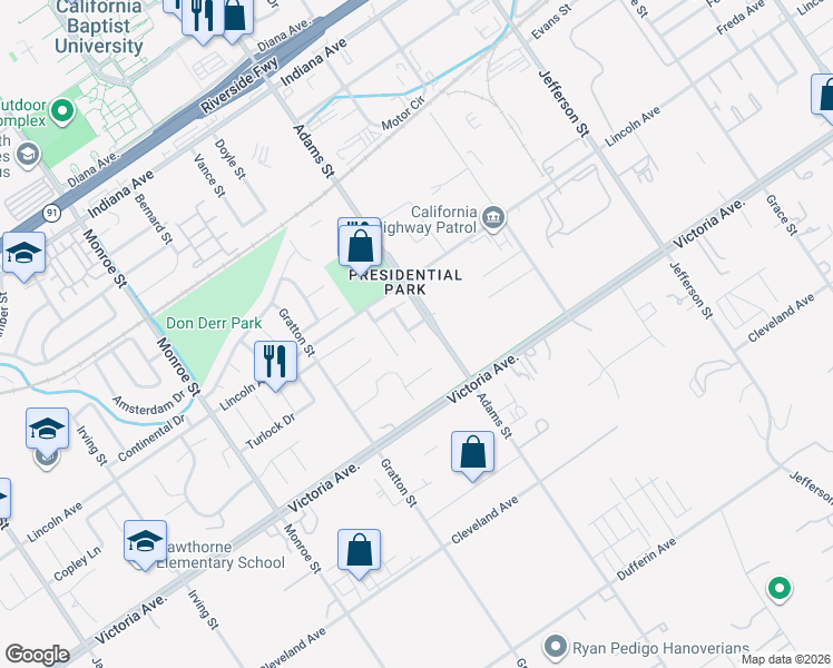 map of restaurants, bars, coffee shops, grocery stores, and more near 8320 Baxter Way in Riverside