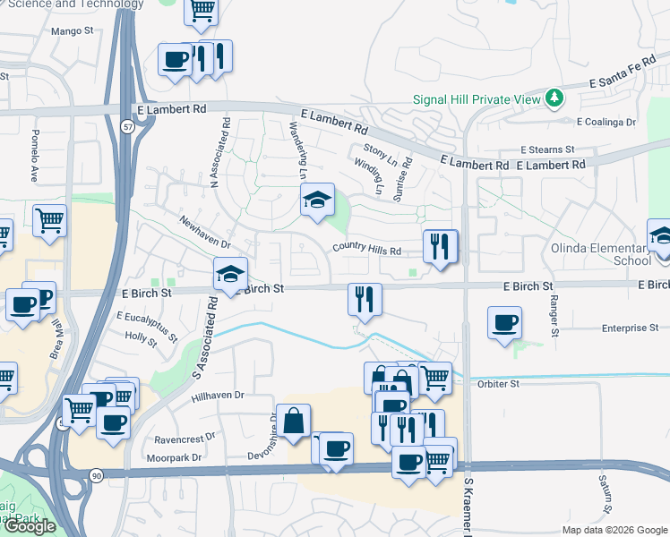 map of restaurants, bars, coffee shops, grocery stores, and more near 2301 Raintree Drive in Brea