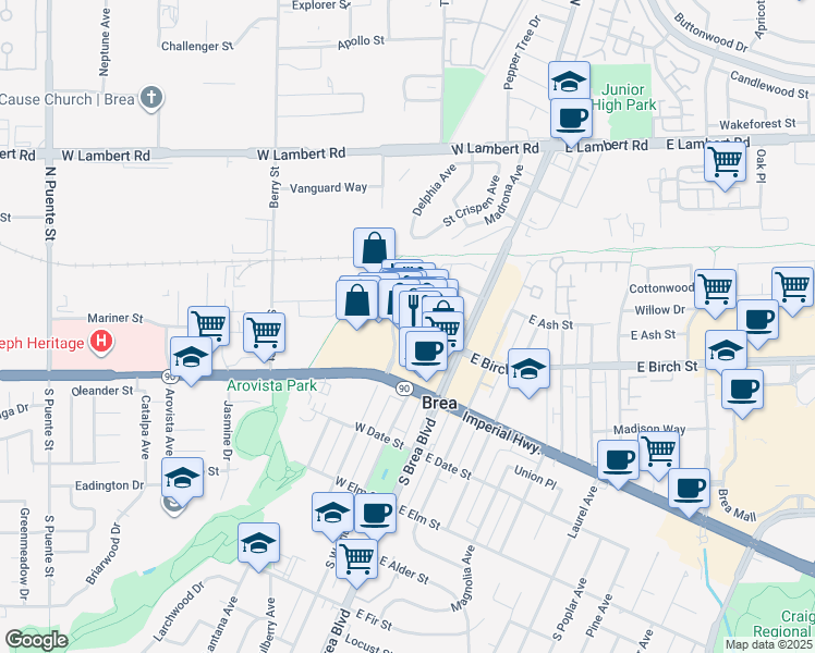 map of restaurants, bars, coffee shops, grocery stores, and more near 260 West Birch Street in Brea