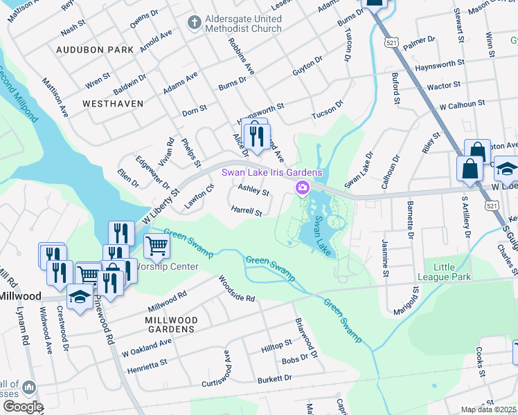 map of restaurants, bars, coffee shops, grocery stores, and more near 57 Harrell Street in Sumter