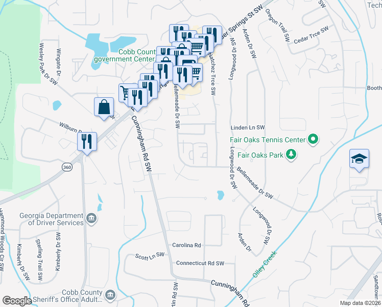 map of restaurants, bars, coffee shops, grocery stores, and more near 1394 Old Coach Road Southwest in Marietta