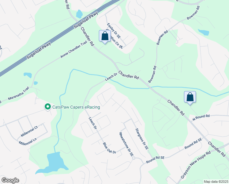 map of restaurants, bars, coffee shops, grocery stores, and more near 414 Silver Top Drive Southeast in Grayson