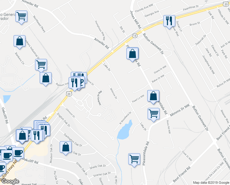 map of restaurants, bars, coffee shops, grocery stores, and more near 3965 Withrow Drive in Atlanta