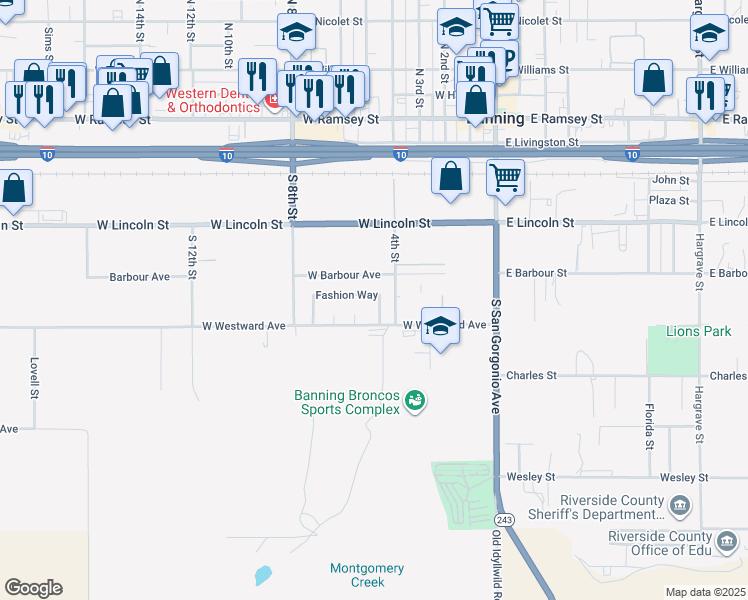 map of restaurants, bars, coffee shops, grocery stores, and more near 478 Fashion Way in Banning