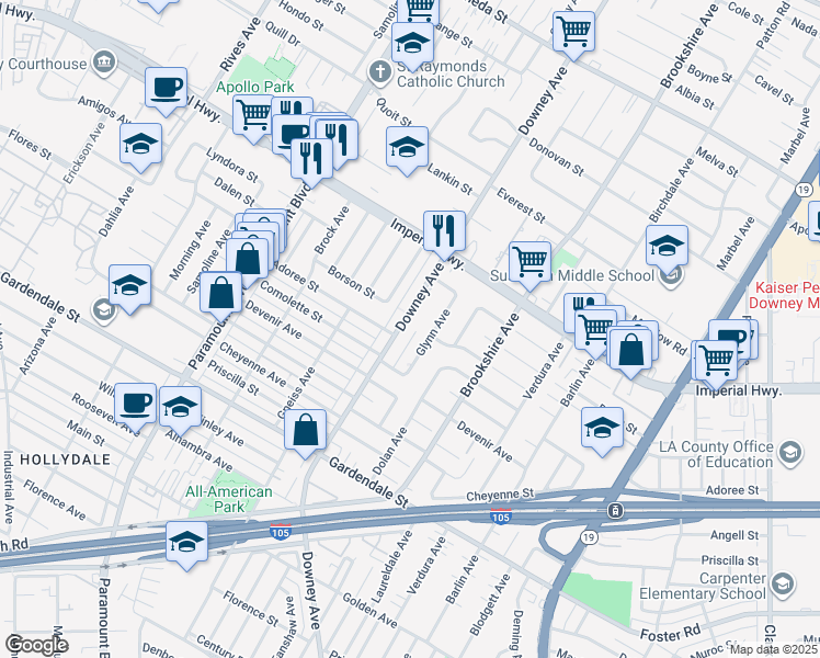 map of restaurants, bars, coffee shops, grocery stores, and more near in Downey