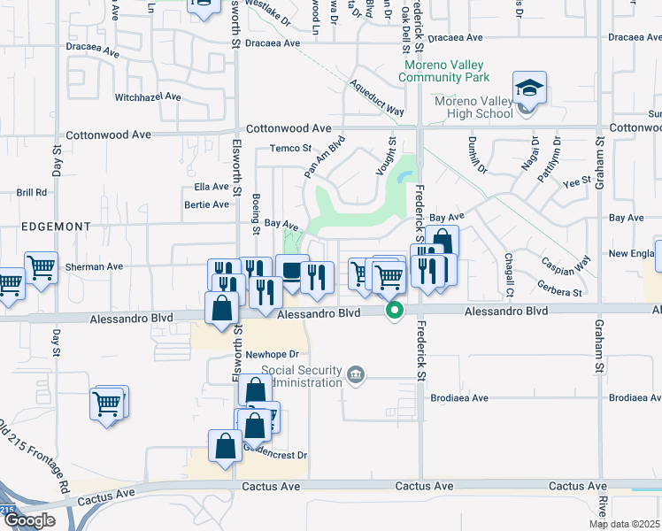 map of restaurants, bars, coffee shops, grocery stores, and more near 13853 Courage Street in Moreno Valley